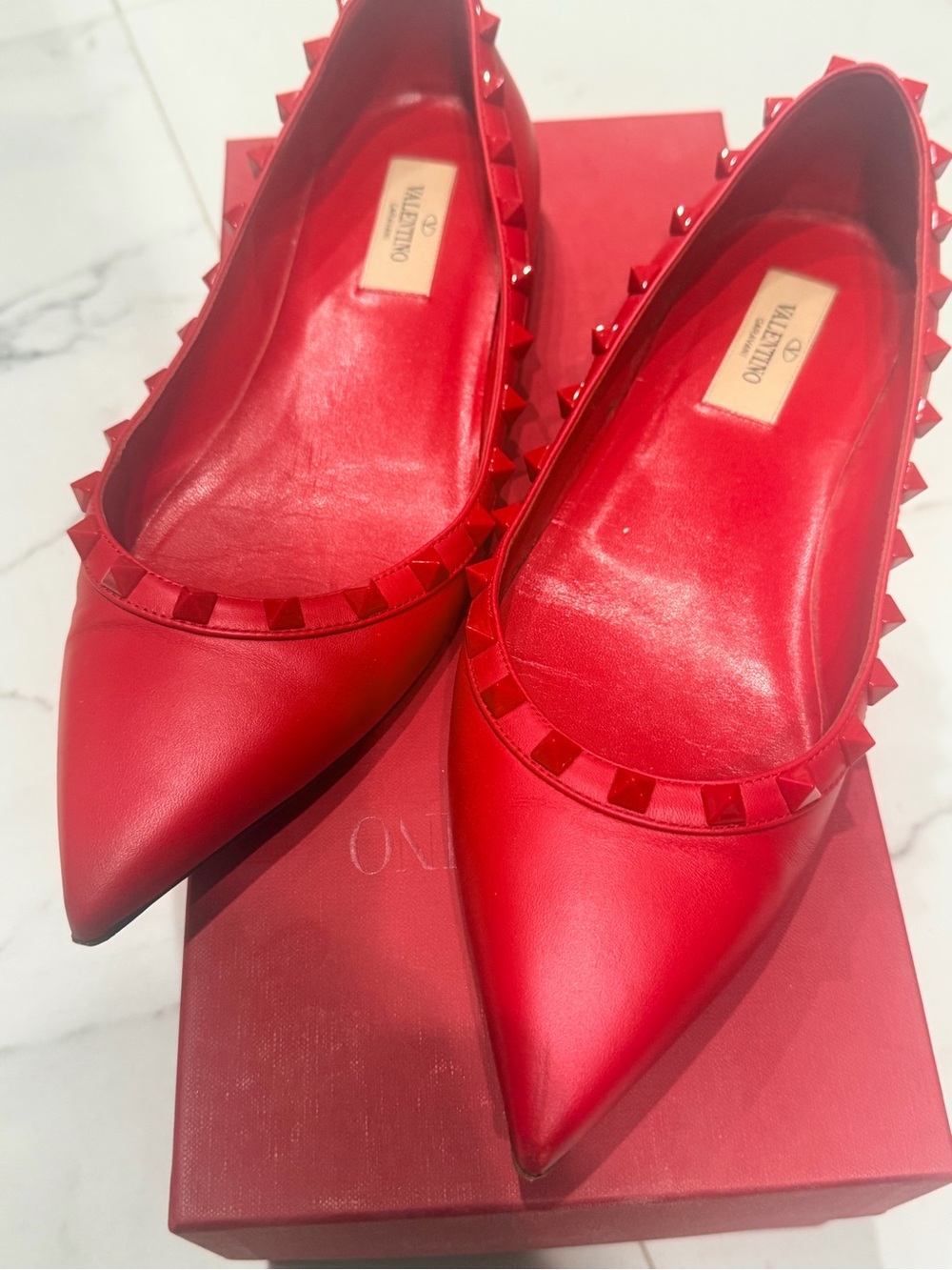 Valentino Red Stud-Trim Pointed Leather Flats